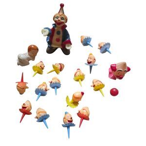 Vintage 1950s Plastic Clown Cupcake Cake Topper Hong Kong Circus Set w Baby